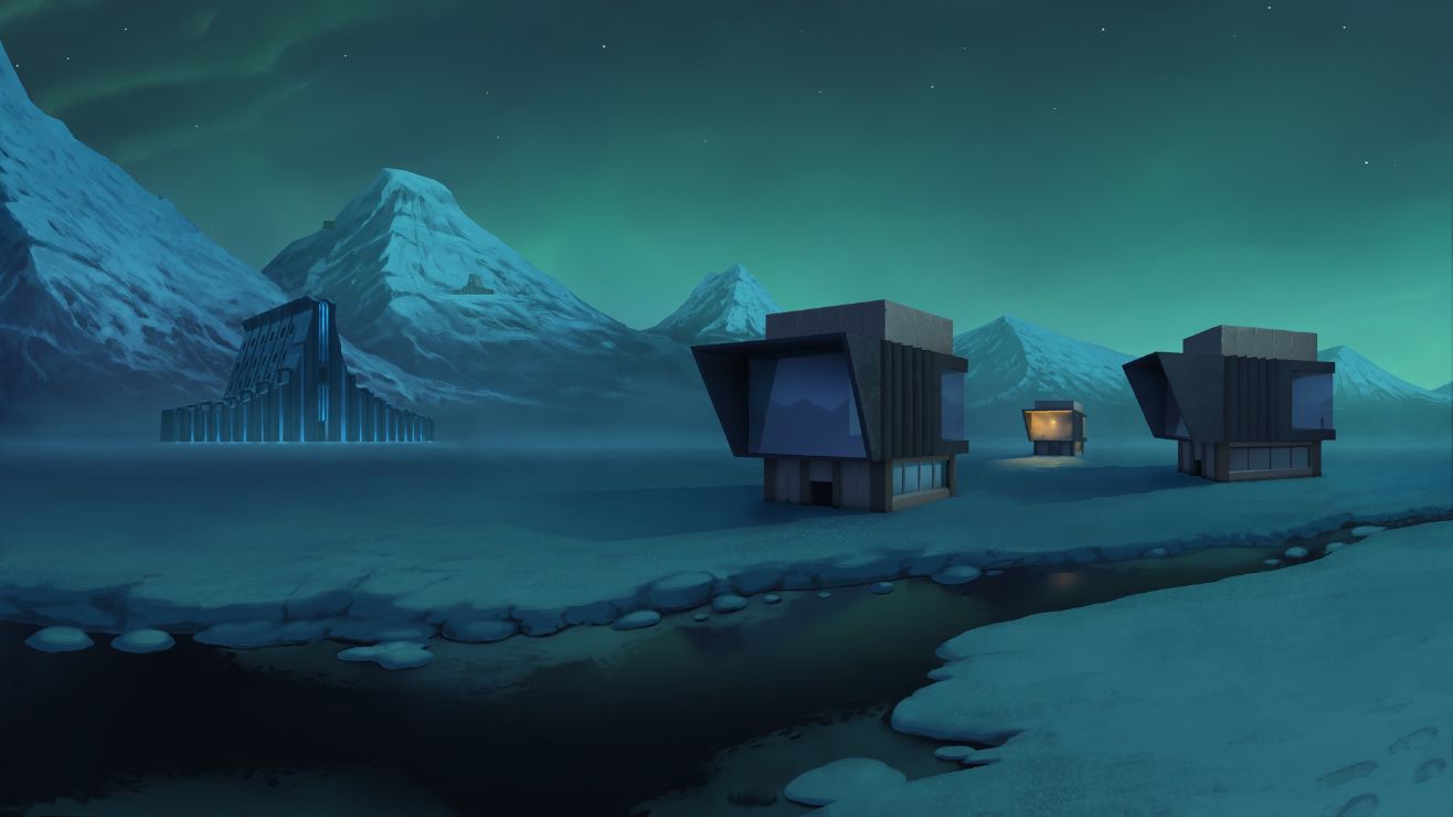Concept art for Hold Tight: three concrete cabins on a frozen shore under a green aurora, one with a lit window, and a larger complex against snow-covered mountains.